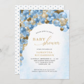 青と金ゴールドバルーンアーチ男の子ベイビーシャワー 招待状 (正面/裏面)