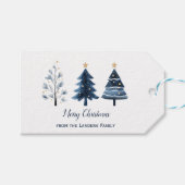 青と金ゴールドパーソナライズされたのメリークリスマスツリー ギフトタグ (正面(横))