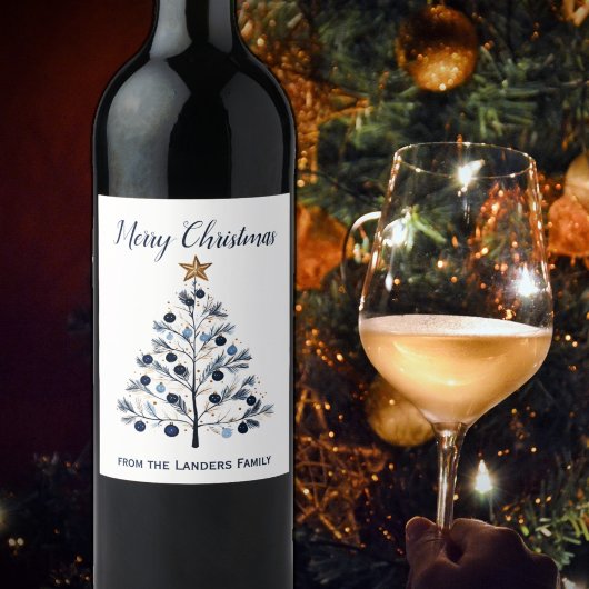 青と金ゴールドパーソナライズされたのメリークリスマスツリー ワインラベル