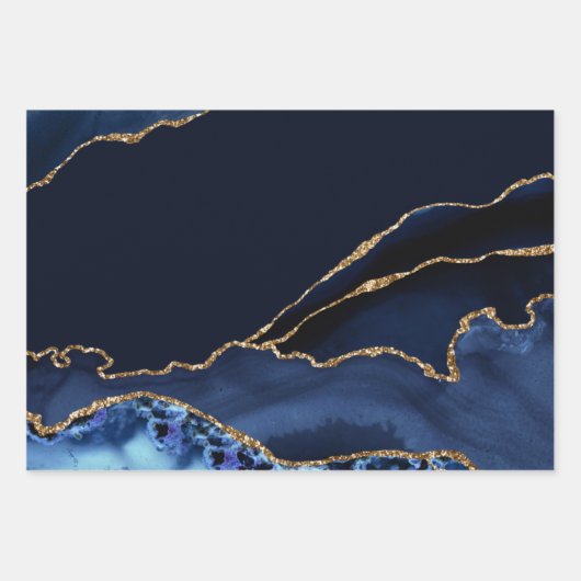 青と金ゴールドフェイクグリッターマーブルゲート ラッピングペーパーシート (正面)