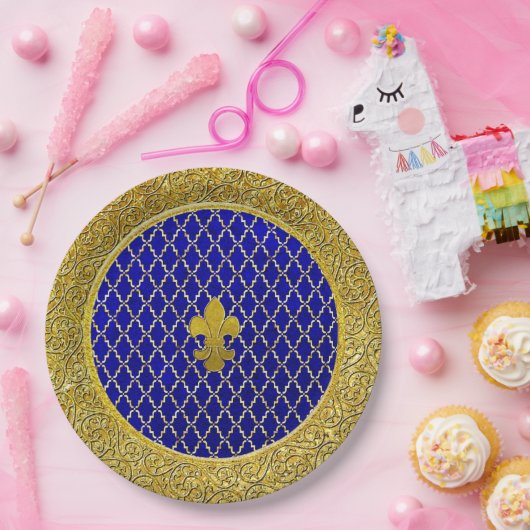 青と金ゴールドフルーアデリス任意大事な行事 ペーパープレート (パーティー)