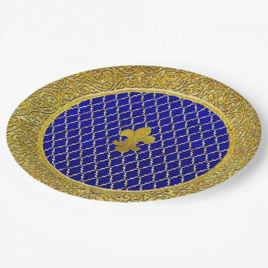 青と金ゴールドフルーアデリス任意大事な行事 ペーパープレート (アングル)