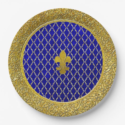 青と金ゴールドフルーアデリス任意大事な行事 ペーパープレート (正面)