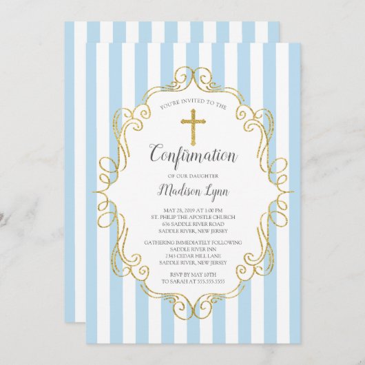 青と金ゴールドフレームボーイズの確認 招待状 (正面/裏面)