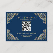 青と金ゴールドフレームQRコードRSVPの結婚ウェブサイト