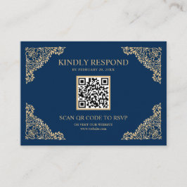 青と金ゴールドフレームQRコードRSVPの結婚ウェブサイト エンクロージャーカード