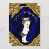 青と金ゴールドプリンスベビーシャワー 招待状 (正面/裏面)