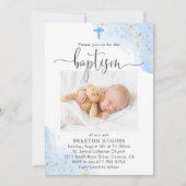 青と金ゴールドボーイバプテスマ《キリスト教》洗礼式や命名式献身 招待状 (正面)