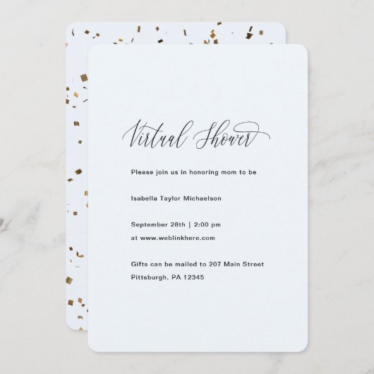 青と金ゴールドボーイフェイク紙吹雪仮想シャワー 招待状 (正面/裏面)