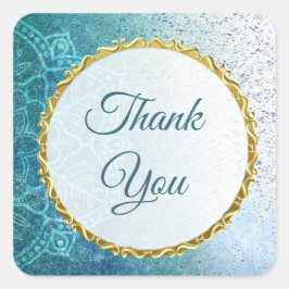 青と金ゴールドマンダラありがとうシール スクエアシール