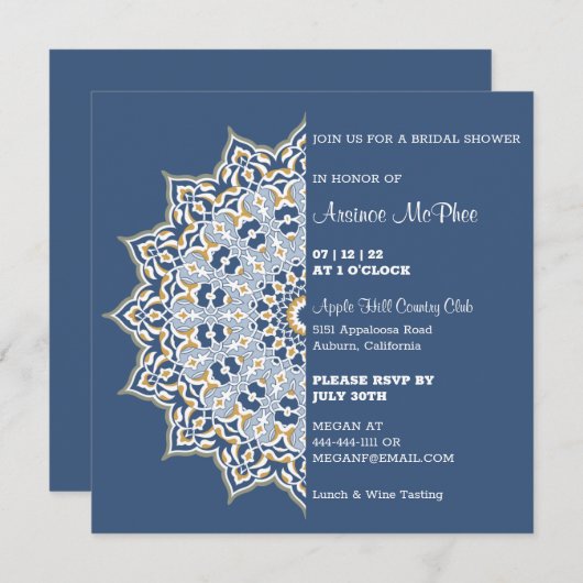 青と金ゴールドマンダラブライダルシャワー招待 招待状 (正面/裏面)