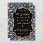 青と金ゴールドマーメイドスケールヴィンテージフレーム誕生日 招待状 (正面/裏面)