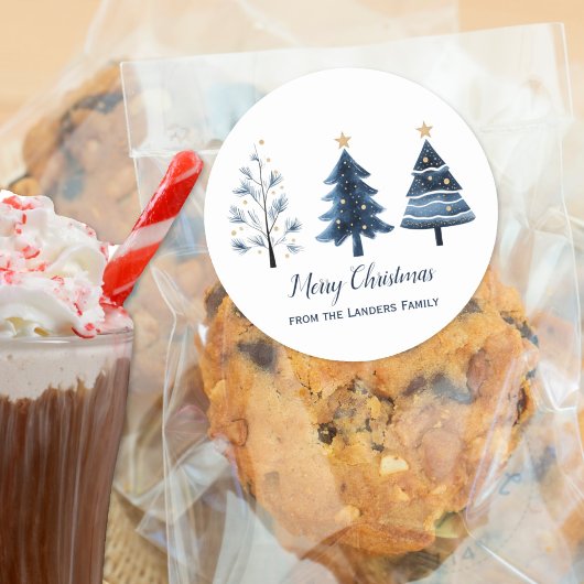 青と金ゴールドモダンのメリークリスマスツリー ラウンドシール