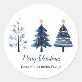 青と金ゴールドモダンのメリークリスマスツリー ラウンドシール (正面)