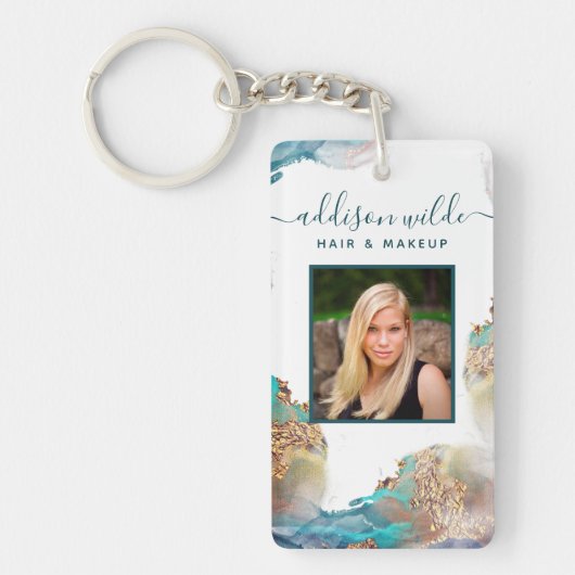 青と金ゴールドモダンの水色サロンID キーホルダー (正面)