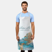 青と金ゴールドモダンの液体水カラーインク エプロン (着用した状態)