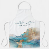 青と金ゴールドモダンの液体水カラーインク エプロン (正面)