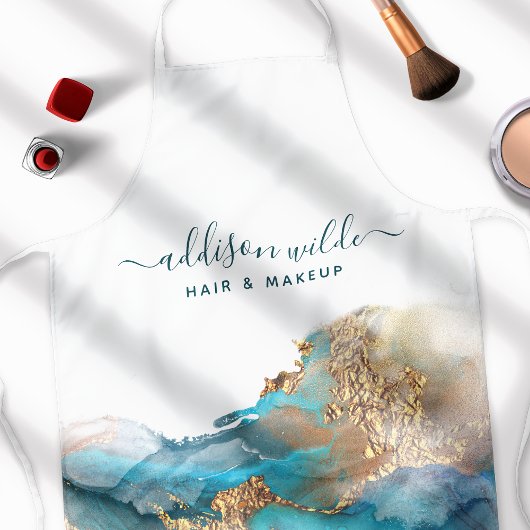 青と金ゴールドモダンの液体水カラーインク エプロン