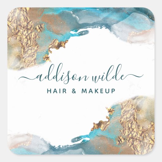 青と金ゴールドモダンの液体水カラーインク スクエアシール (正面)