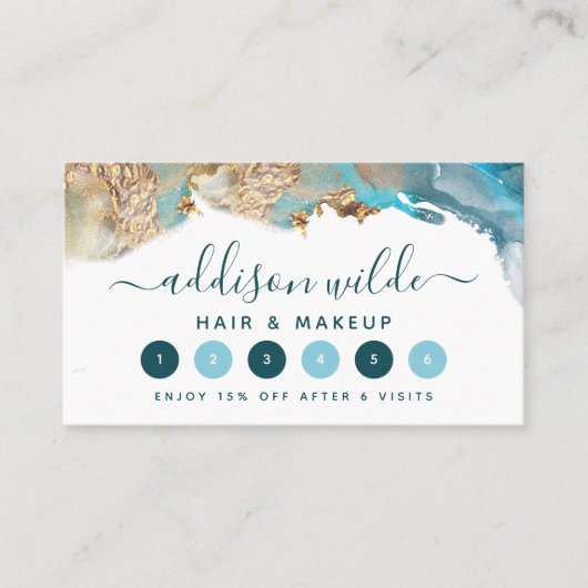 青と金ゴールドモダンの液体水カラーインク ロイヤリティカード (正面)