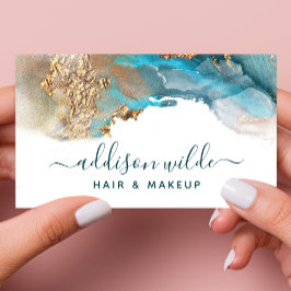 青と金ゴールドモダンの液体水カラーインク 名刺