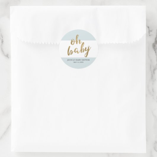 青と金ゴールドモダンの男のストライプ子の赤ちゃんシャワーのお願い ラウンドシール (バッグ)