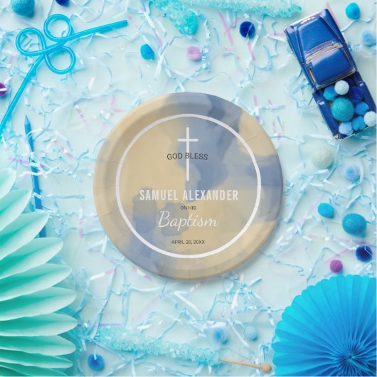 青と金ゴールドモダン色男の赤ちゃんバプテスマ ペーパープレート (パーティー)