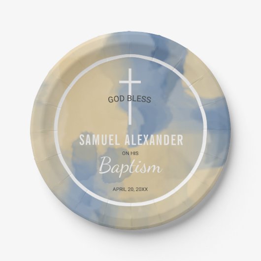 青と金ゴールドモダン色男の赤ちゃんバプテスマ ペーパープレート (正面)