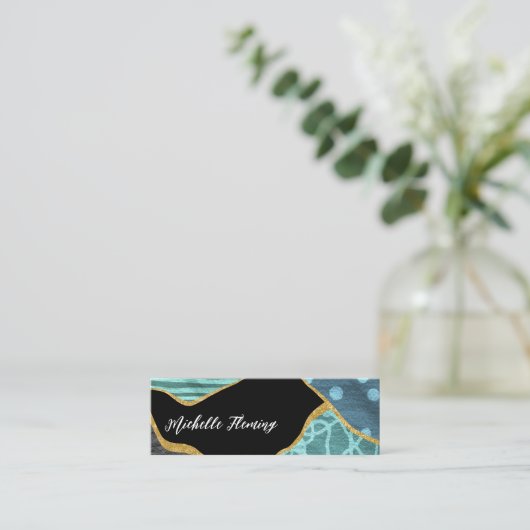 青と金ゴールドリネンのファブリックのミニ名刺 スキニー名刺 (スタンド正面)