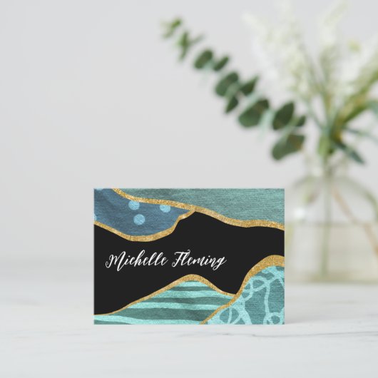 青と金ゴールドリネンのファブリックの名刺 名刺 (スタンド正面)