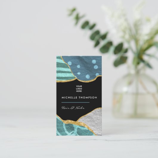 青と金ゴールドリネンのファブリックの名刺 名刺 (スタンド正面)