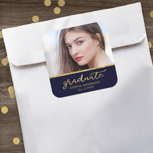 青と金ゴールド写真大学院卒業 スクエアシール