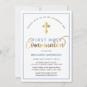 青と金ゴールド初エレガントの聖餐会 招待状 (正面)