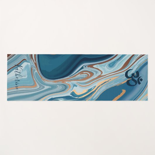 青と金ゴールド大理石の渦巻きオーム記号 ヨガマット (正面(横))