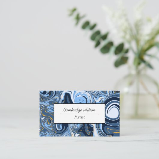 青と金ゴールド大理石モダン抽象芸術流動的アート 名刺 (スタンド正面)