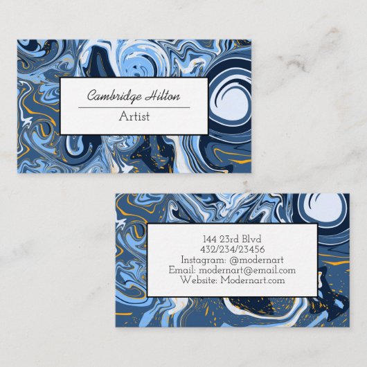 青と金ゴールド大理石モダン抽象芸術流動的アート 名刺 (正面/裏面)