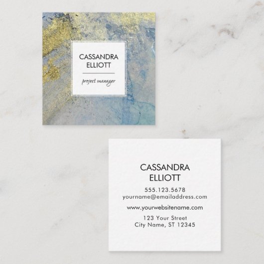 青と金ゴールド大理石抽象芸術リキッドアート スクエア名刺 (正面/裏面)