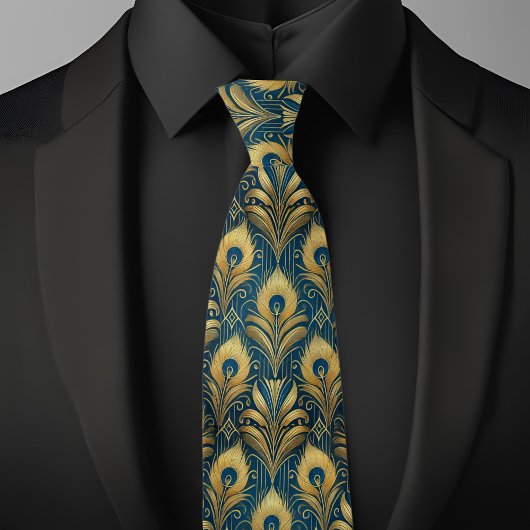 青と金ゴールド孔雀の羽根 ネクタイ