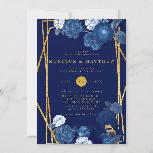 青と金ゴールド幾何学的フローラ結婚の 招待状 (正面)