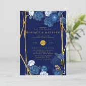 青と金ゴールド幾何学的フローラ結婚の 招待状 (スタンド正面)
