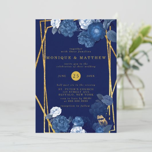 青と金ゴールド幾何学的フローラ結婚の 招待状 (スタンド正面)