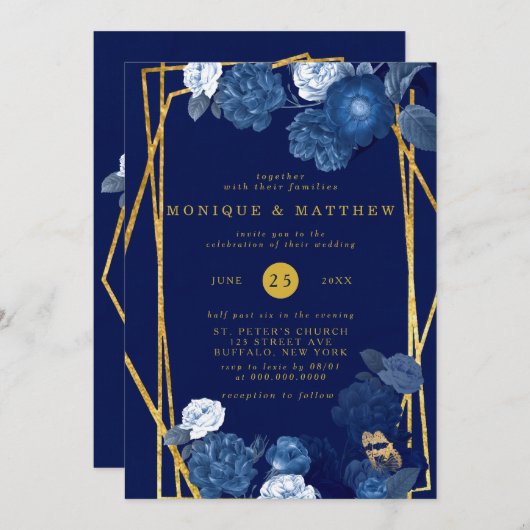 青と金ゴールド幾何学的フローラ結婚の 招待状 (正面/裏面)