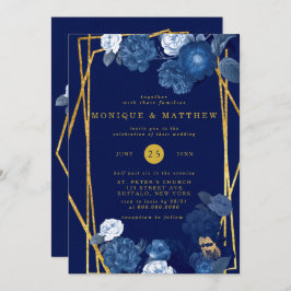 青と金ゴールド幾何学的フローラ結婚の 招待状