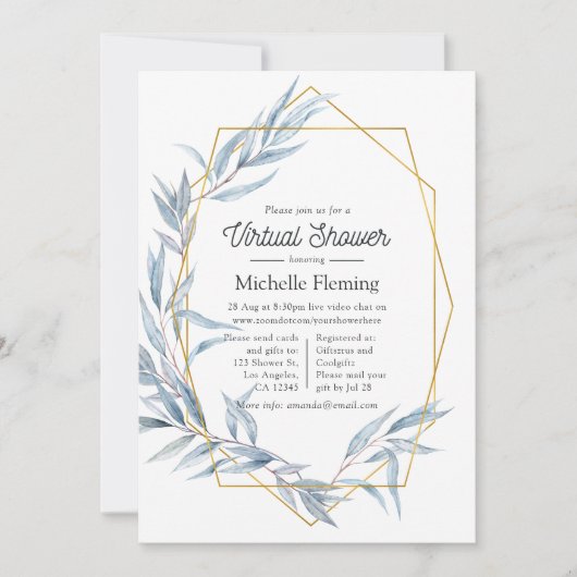 青と金ゴールド幾何学的ユーカリ仮想シャワー 招待状 (正面)