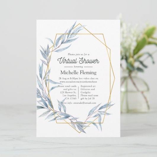 青と金ゴールド幾何学的ユーカリ仮想シャワー 招待状 (スタンド正面)