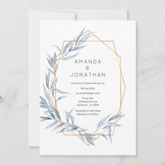 青と金ゴールド幾何学的ユーカリ葉ス結婚ズの 招待状 (正面)