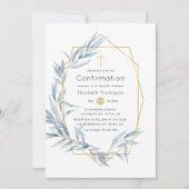 青と金ゴールド幾何学的ユーカリ葉確認 招待状 (正面)