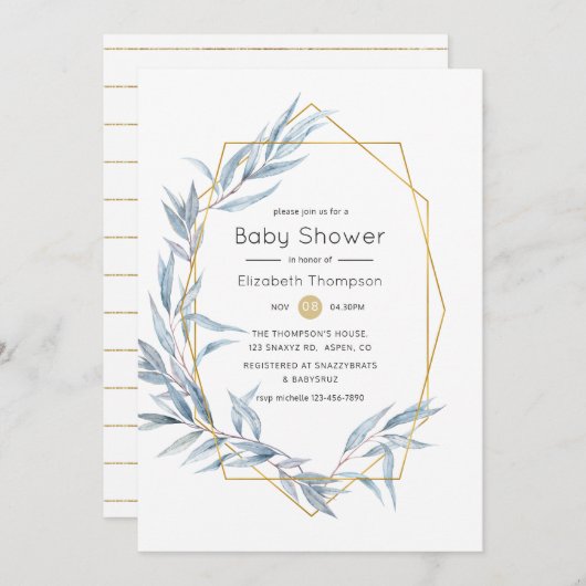 青と金ゴールド幾何学的ユーカリ赤ちゃんシャワー 招待状 (正面/裏面)