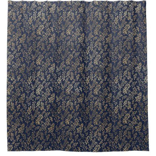 青と金ゴールド抽象芸術の葉アールデコパターン  シャワーカーテン (正面)