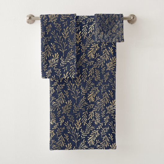 青と金ゴールド抽象芸術の葉アールデコパターン バスタオルセット (インサイチュ)